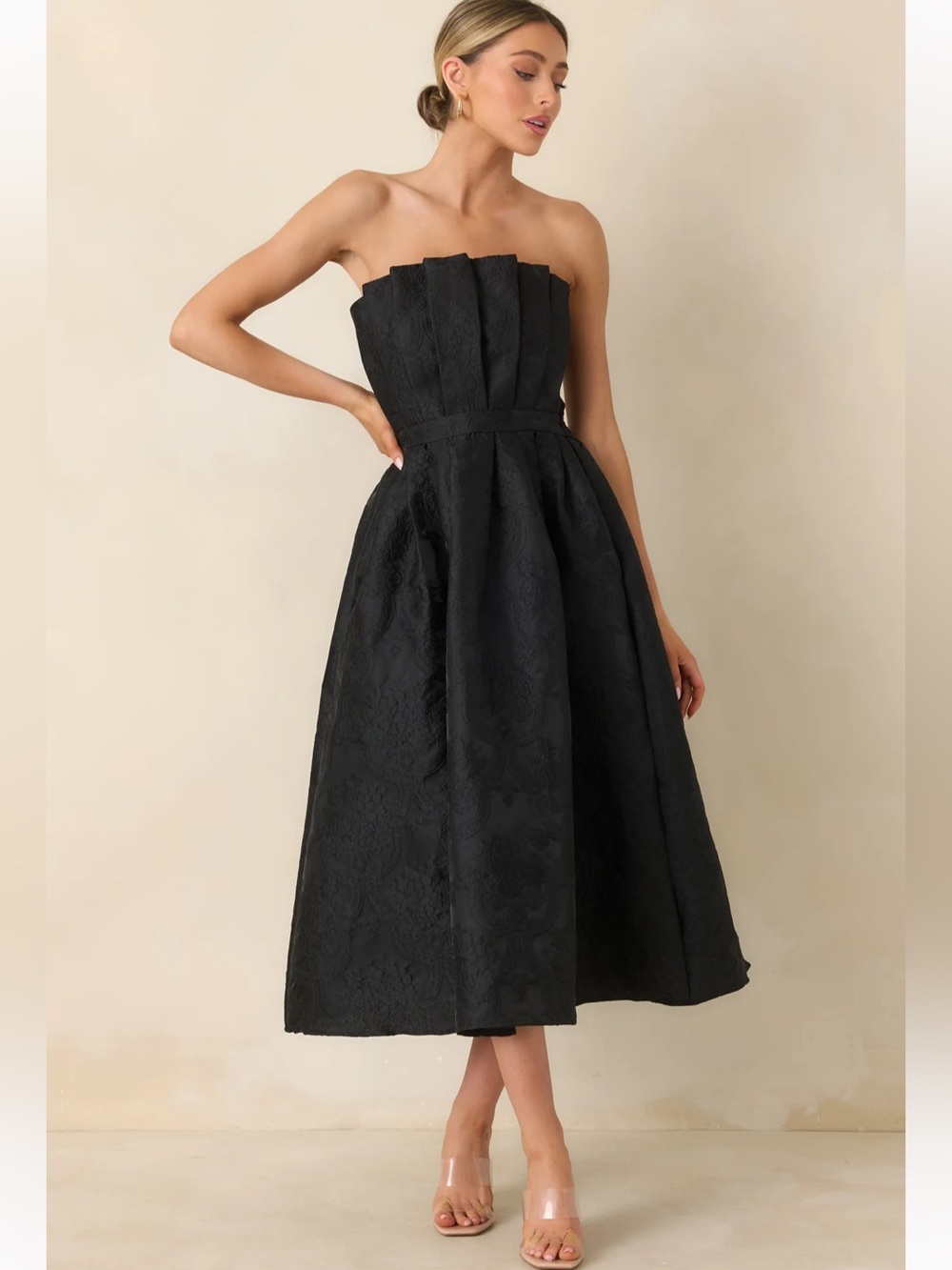 entro Strapless Black Midi Dress with Pleated Bandeau